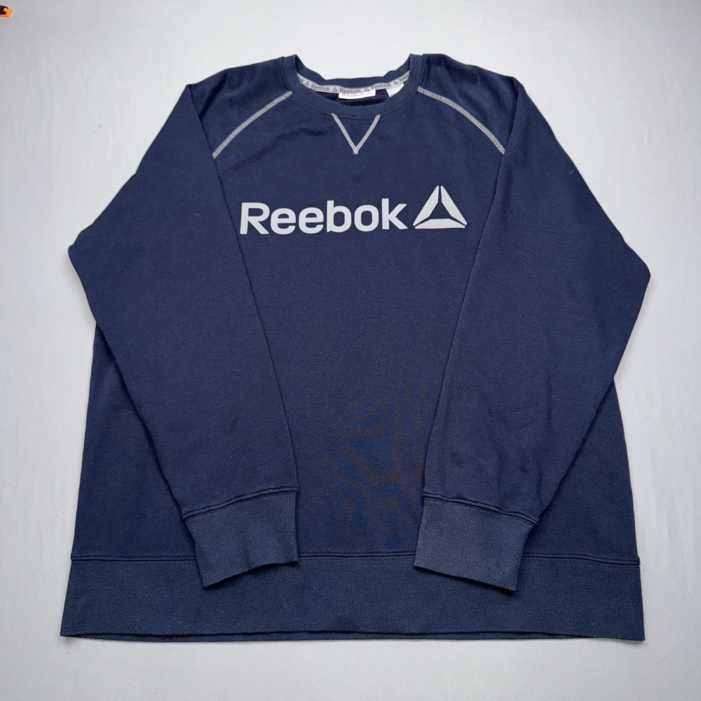 Reebok Mens Crew Neck Sweatshirt Navy Blue Logo Athletic Pullover XL